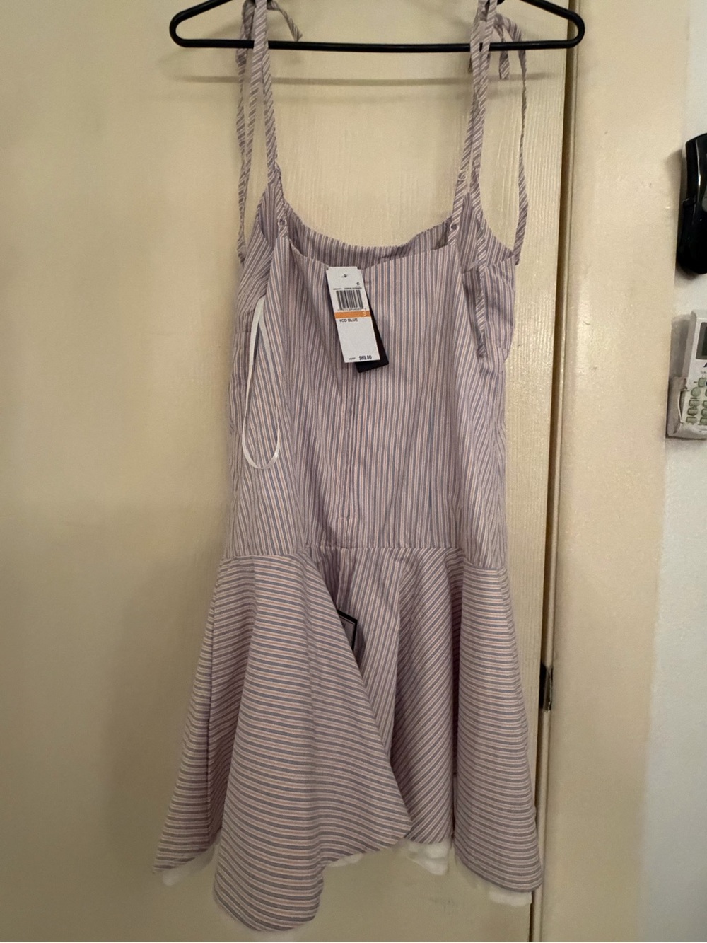 Striped Tie-Shoulder Mini Dress in Pale Blue and White BNWT - Picture 3 of 4